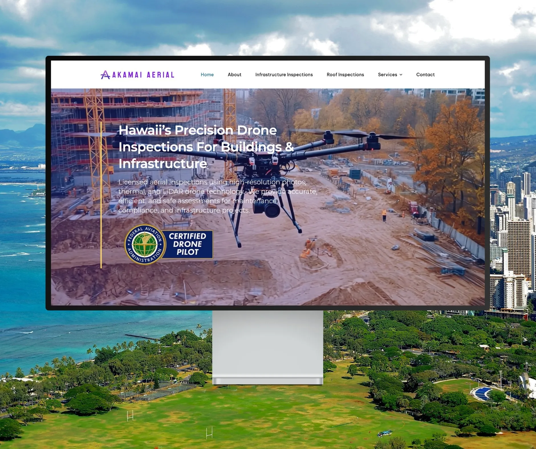 Akamai Aerial website shown on a desktop display