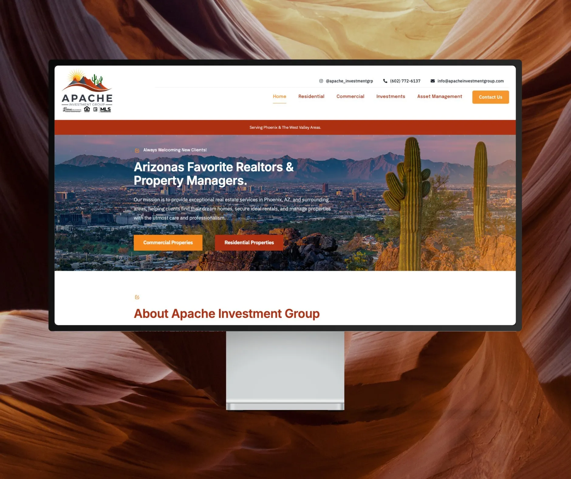 Apache Investment Group website shown on a desktop display