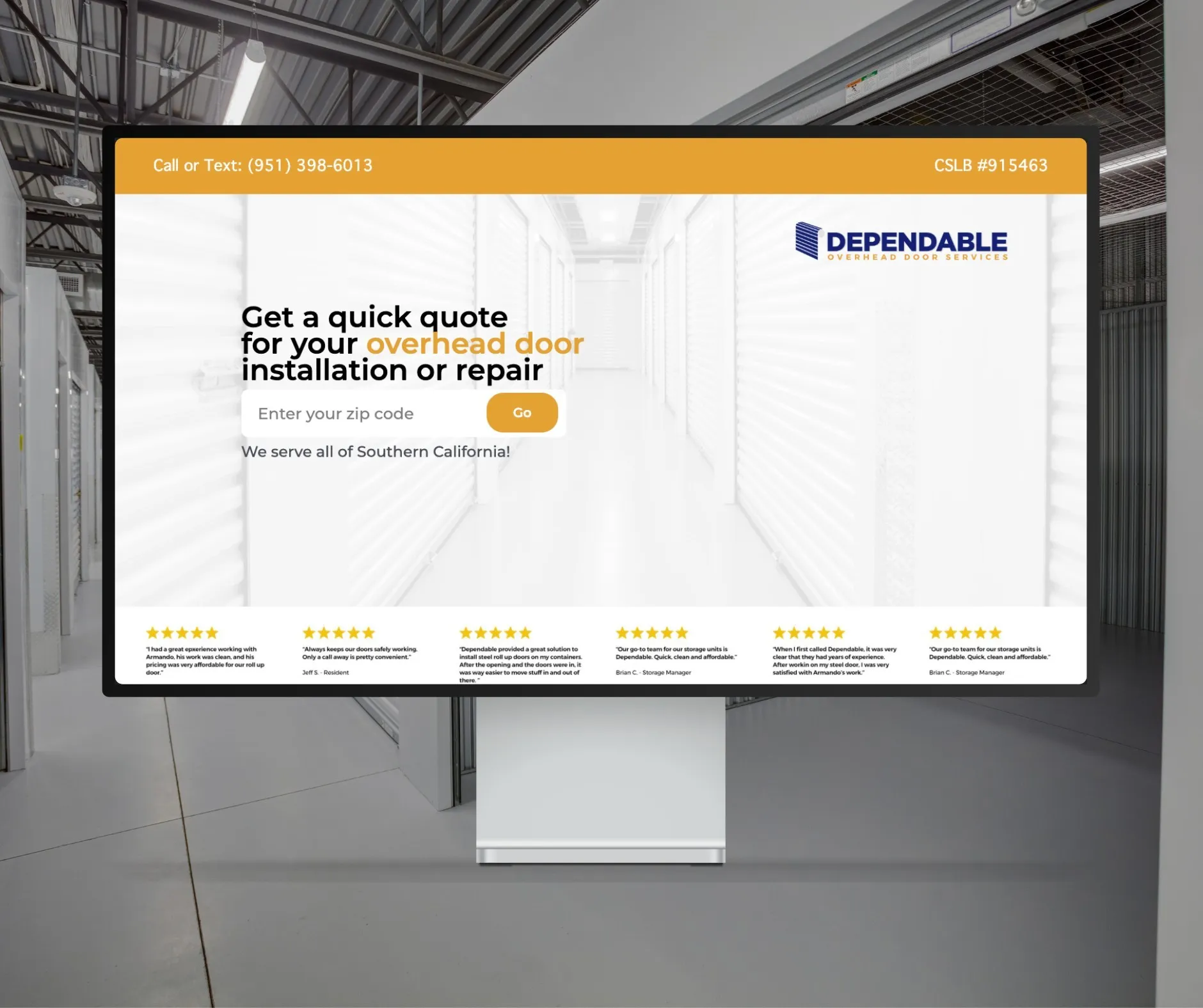 Dependable Overhead Door website shown on a desktop display