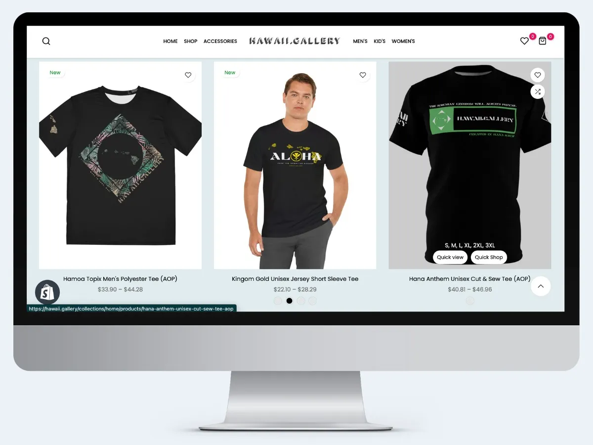 HAWAII.GALLERY online store shown on a desktop display