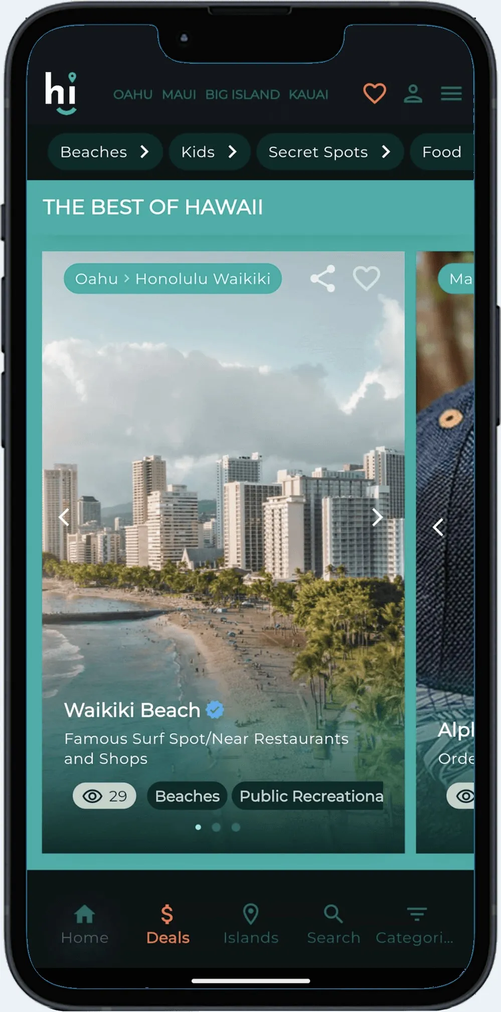 Im in hawaii app screens: home, deals and listings on iOS and Android