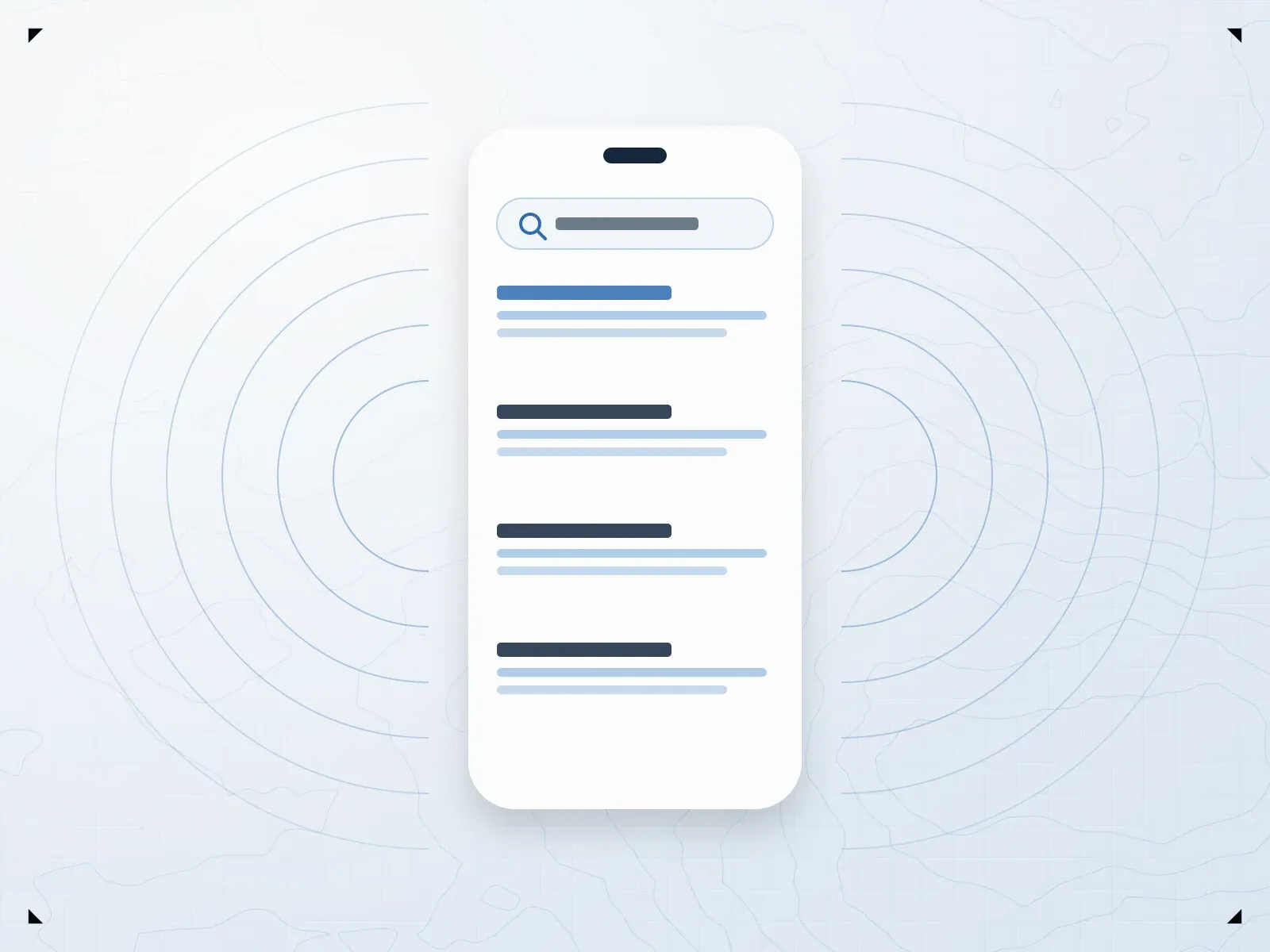 Illustration of a phone showing search results, with signal arcs on either side